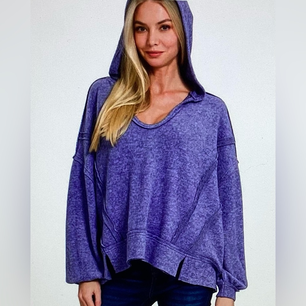 Zenana Fuscia Balloon Sleeve Brushed Hacci Hoodie - Picture 2 of 3